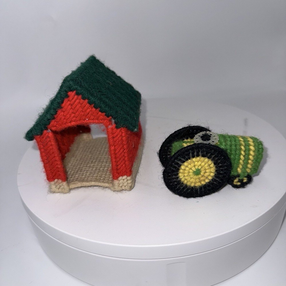 handmade needlepoint plastic canvas tractor and a matching barn